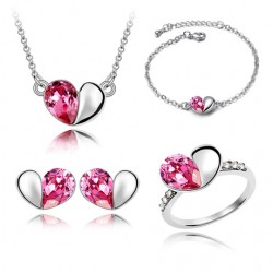 Platinum plated pink CZ diamonds fancy heart pendant with earrings bracelet and ring